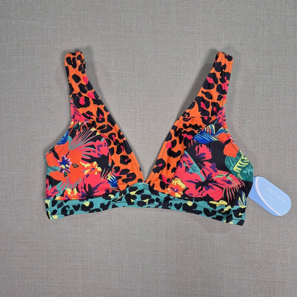 Hilinker Women Orange Floral Leopard Print Bikini Top Size L New with Tags